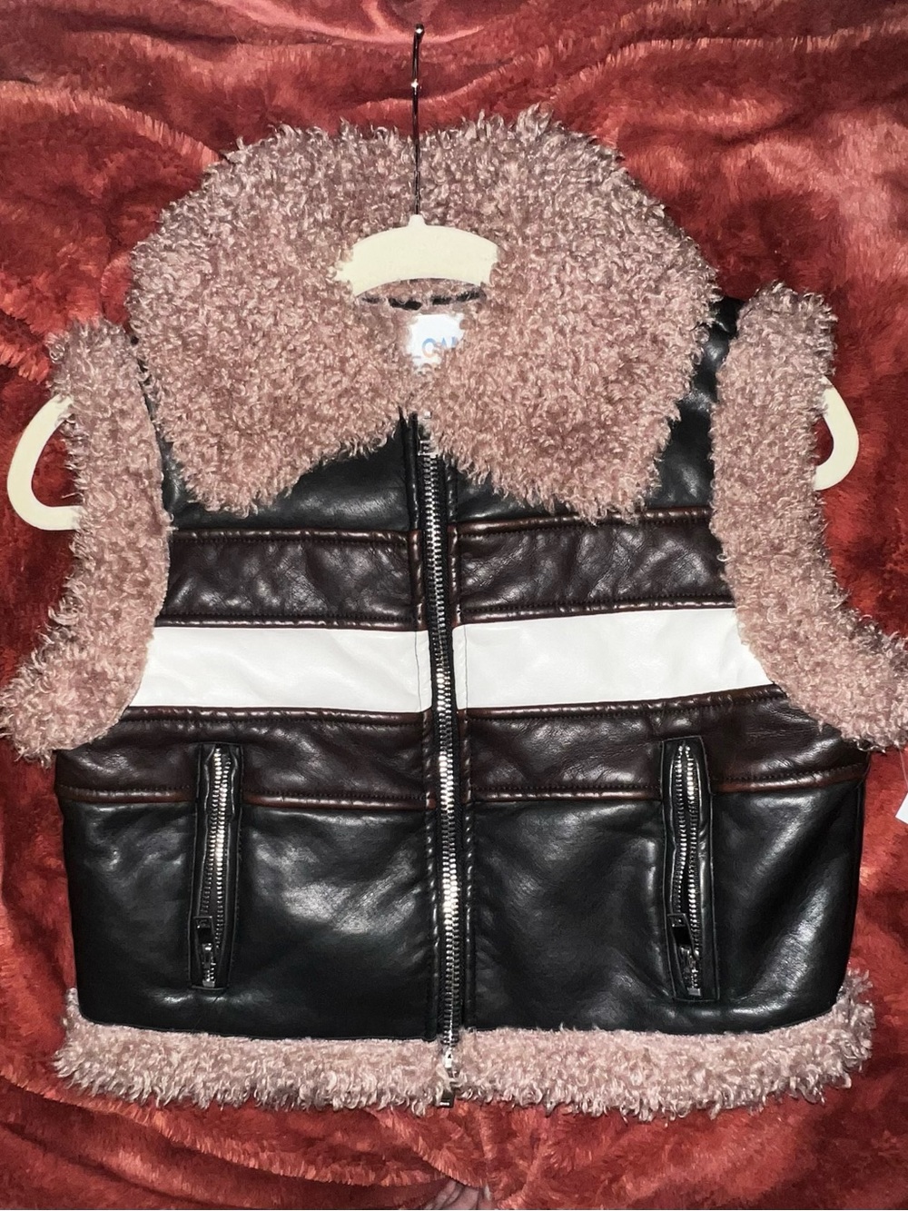 Faux Shearling Trim Crop Faux Leather Vest